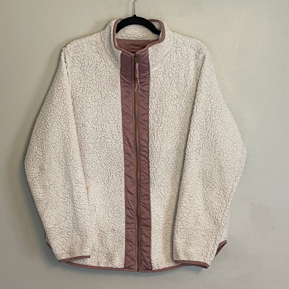 Abercrombie & Fitch Womens XL Sherpa Fleece Full Zip Jacket Cream Mauve Pink